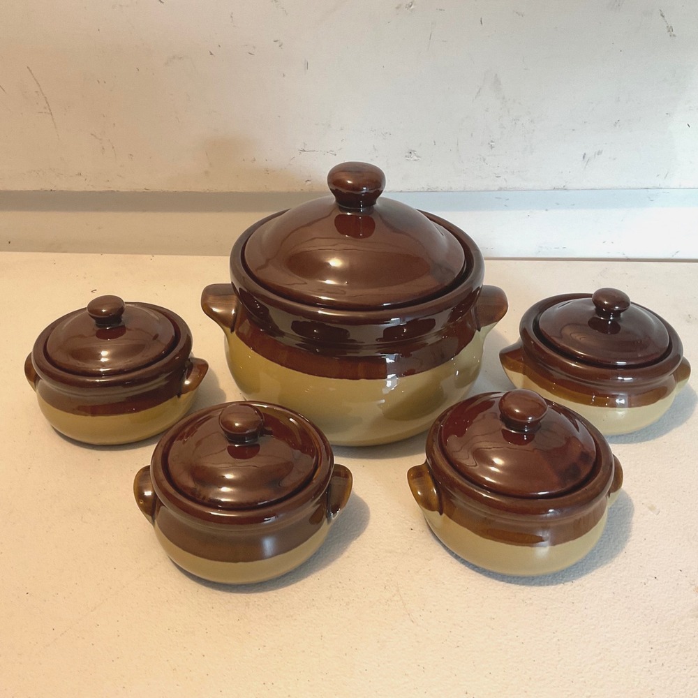 Vintage 5pc Brown Tan Stoneware Soup Tureen Set with Lidded Bowls Microwave Safe